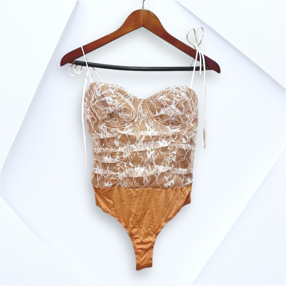 Blue Blush Tan Lace Bustier Bodysuit with Ivory Accents
